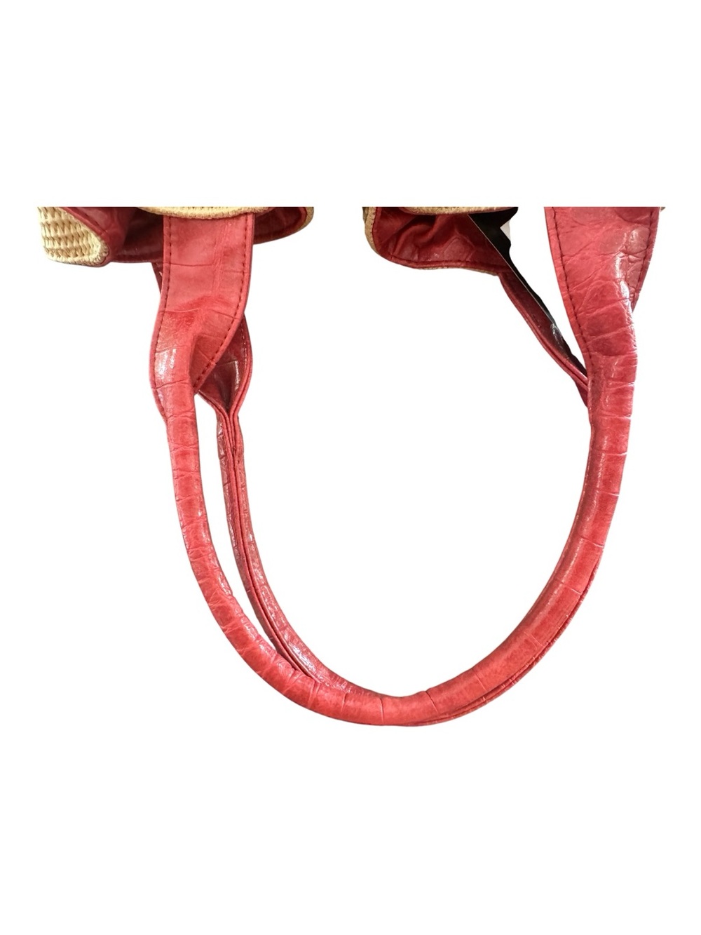 Vintage Bueno Y2K Woven Straw Gathered Hobo Bag Red Orange Faux Leather Rosette - Picture 6 of 8